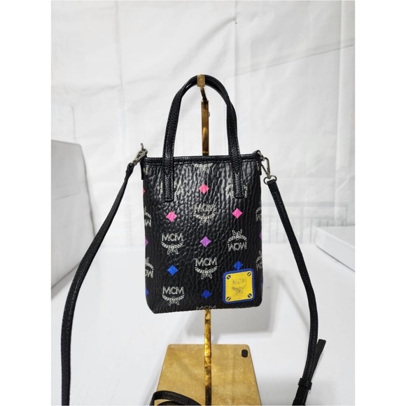 Authentic MCM Leather Color Splash Logo Mini Crossbody Bag Black - Picture 4 of 15